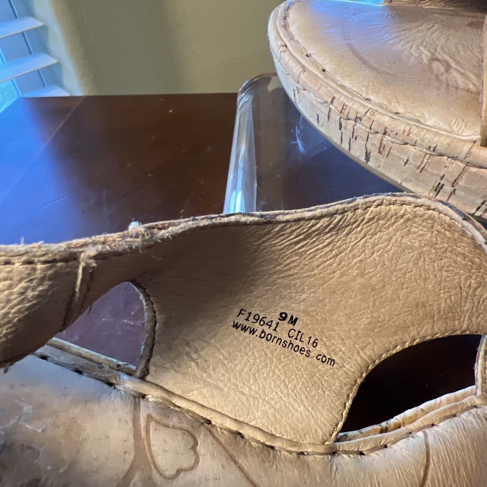 Born Tan Leather Cork Wedge Sandals Women Sz 9 Boho F19641 Comfort High Heel - Picture 7 of 10